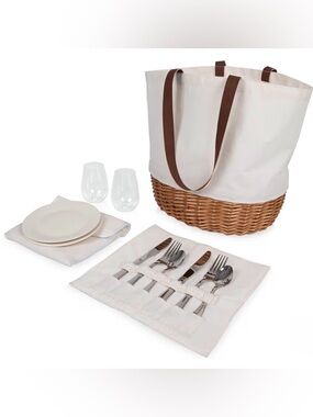 Canvas and Wicker Picnic Basket Set in Cream with Brown Handles